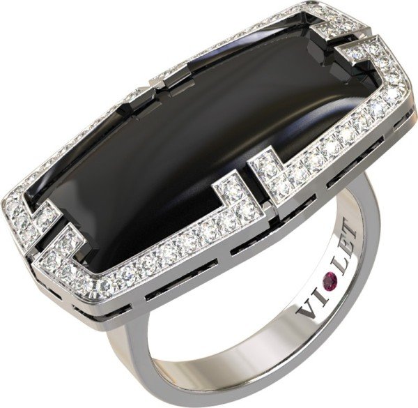 Кольцо из белого золота c бриллиантами, рубином и ониксом