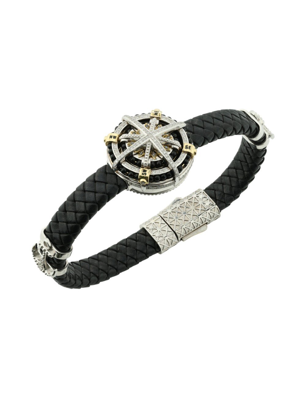Браслет из белого золота c эмалью, бриллиантами, кожаным шнурком и ониксом