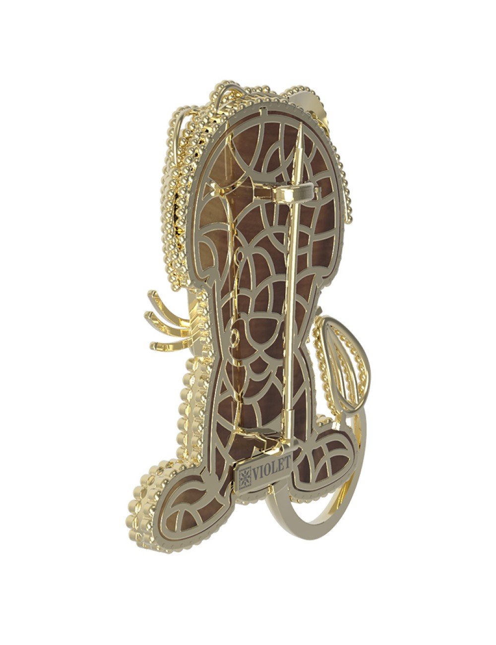 Брошь из лимонного золота c эмалью и тигровым глазом