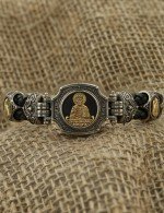 Браслет из серебра и золота c кожаным шнурком и ониксом