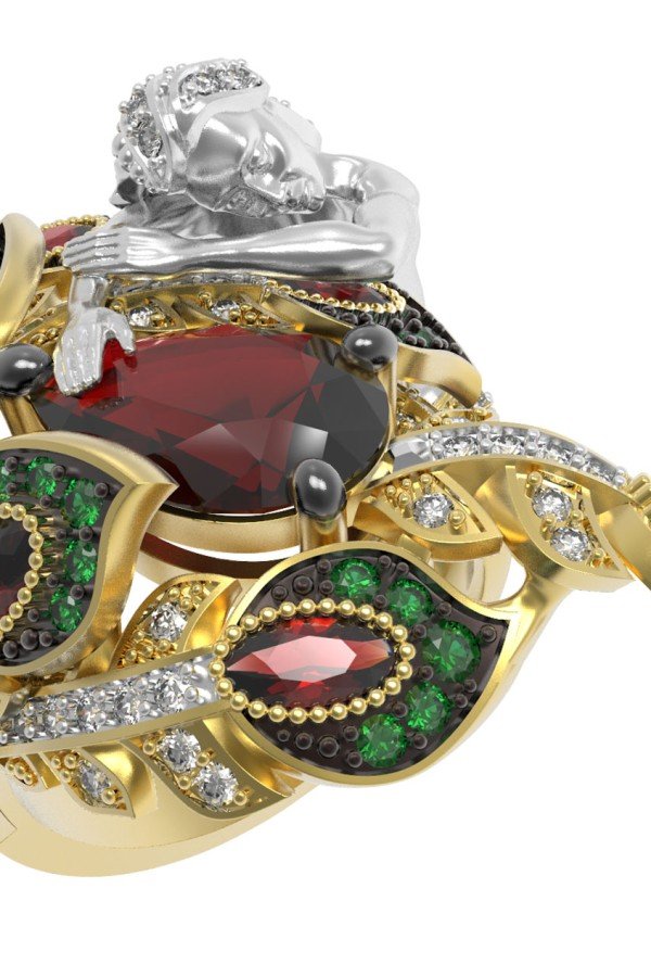 Кольцо из лимонного золота c фианитом и гранатом