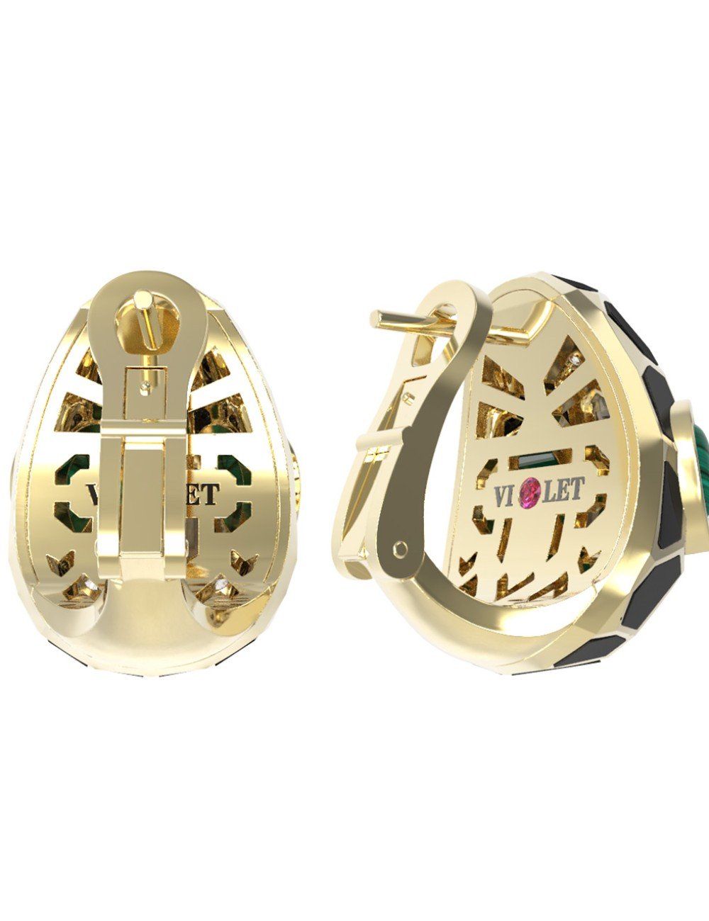 Серьги из лимонного золота c бриллиантами, рубином, ониксом, малахитом и перламутром