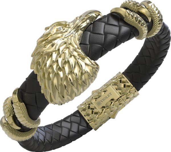 Браслет из лимонного золота c бриллиантами и кожаным шнурком