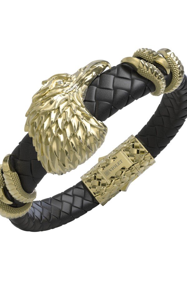 Браслет из лимонного золота c бриллиантами и кожаным шнурком