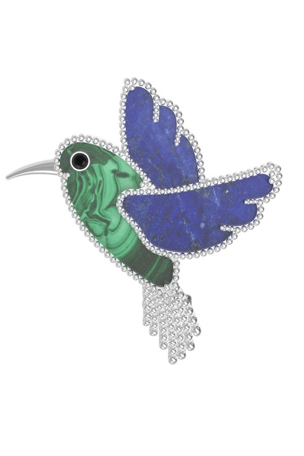 Брошь из белого золота c эмалью, лазуритом и малахитом