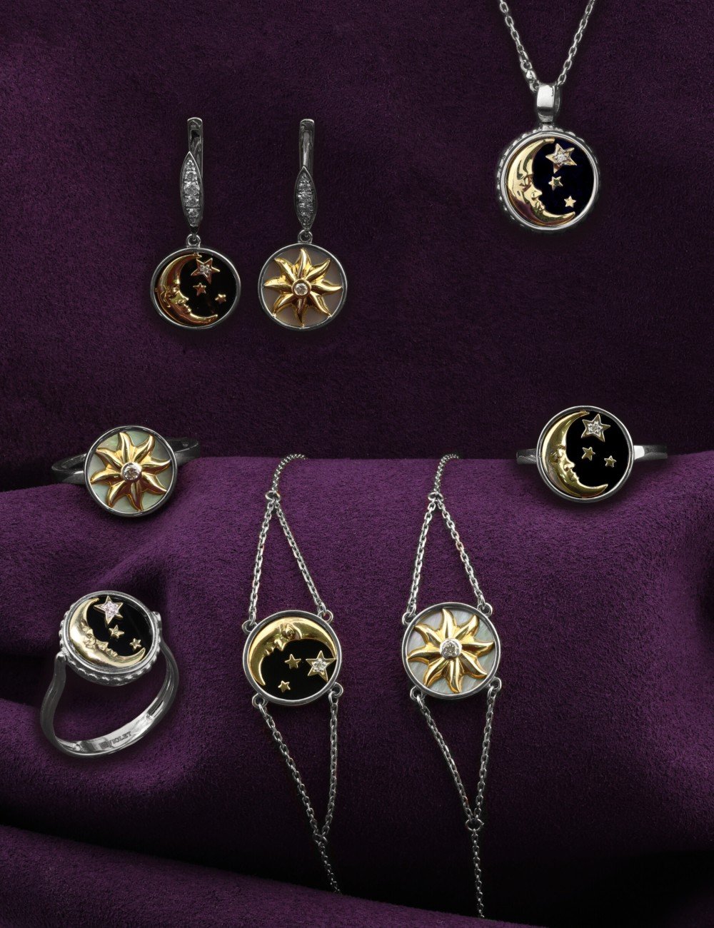 Колье из белого золота c бриллиантами, ониксом и перламутром