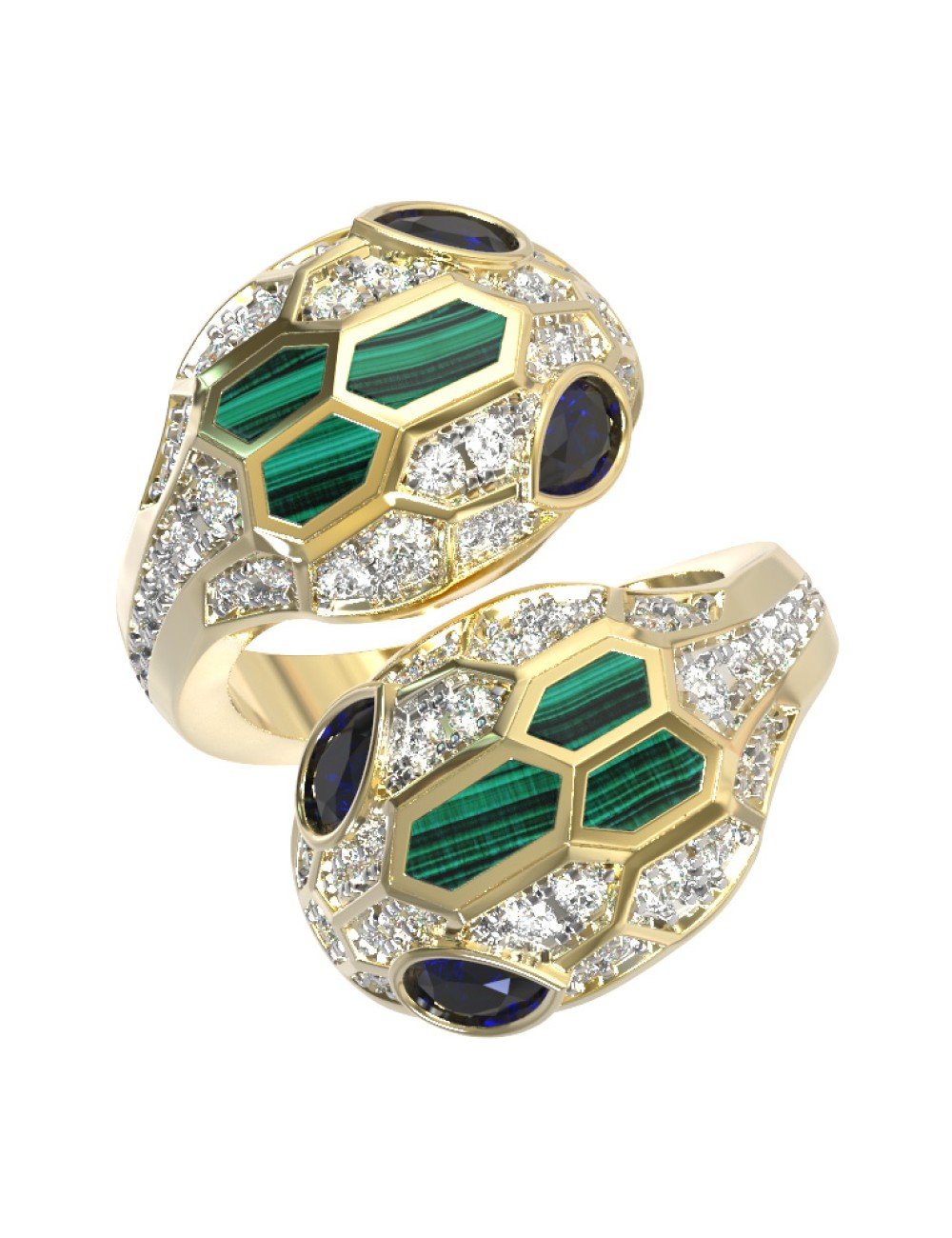 Кольцо из лимонного золота c бриллиантами, сапфиром и малахитом