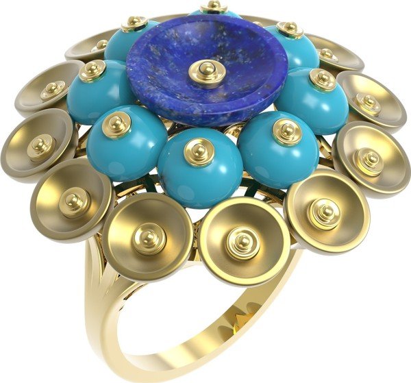 Кольцо из лимонного золота c бирюзой и лазуритом