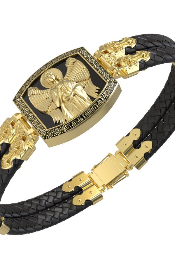 Браслет из лимонного золота c эмалью, шнурком и ониксом