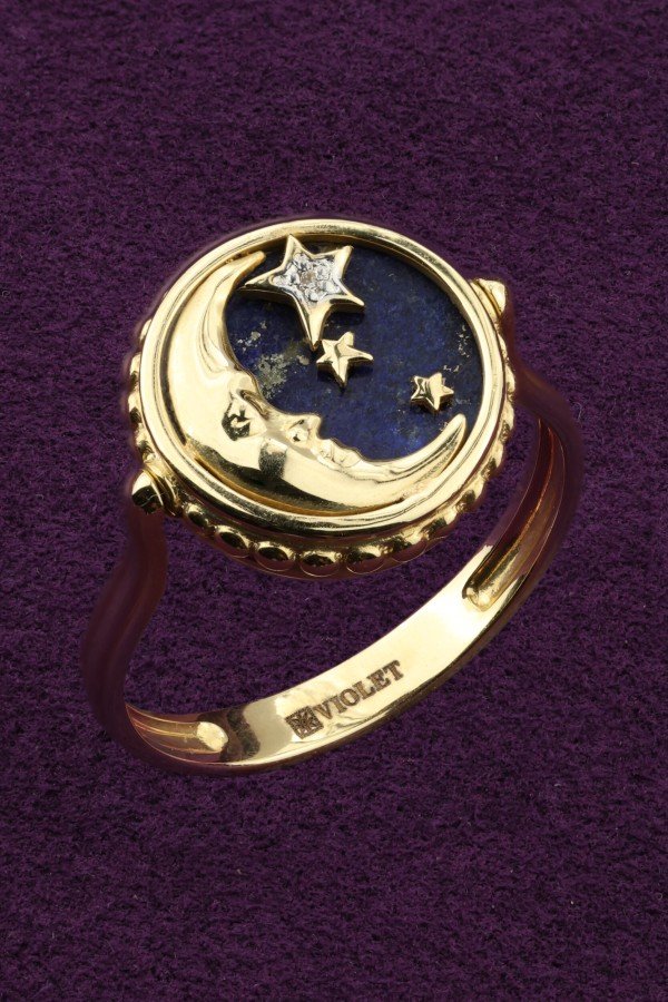 Кольцо из лимонного золота c бриллиантами, лазуритом и перламутром