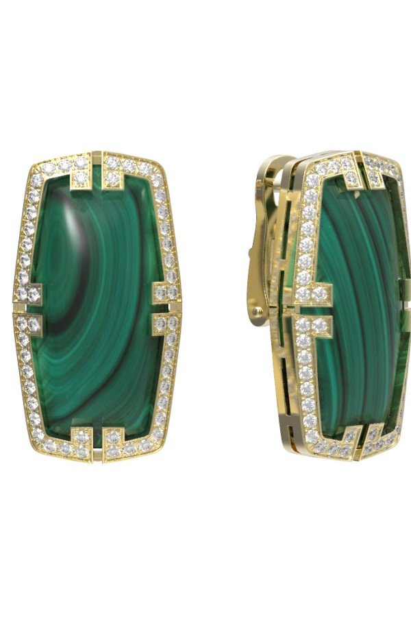 Серьги из лимонного золота c бриллиантами, рубином и малахитом