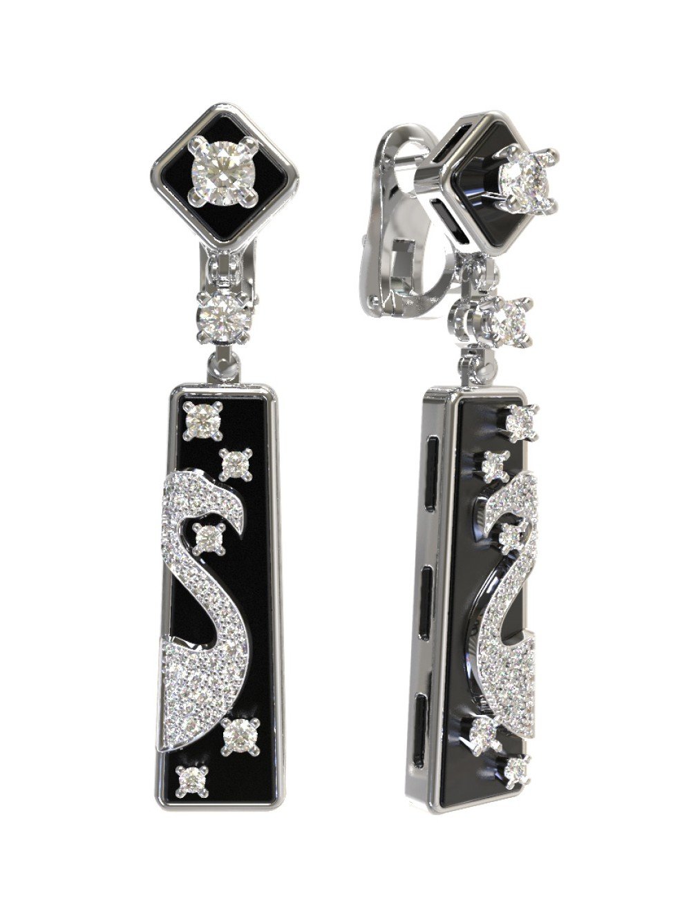 Серьги из белого золота c бриллиантами и ониксом