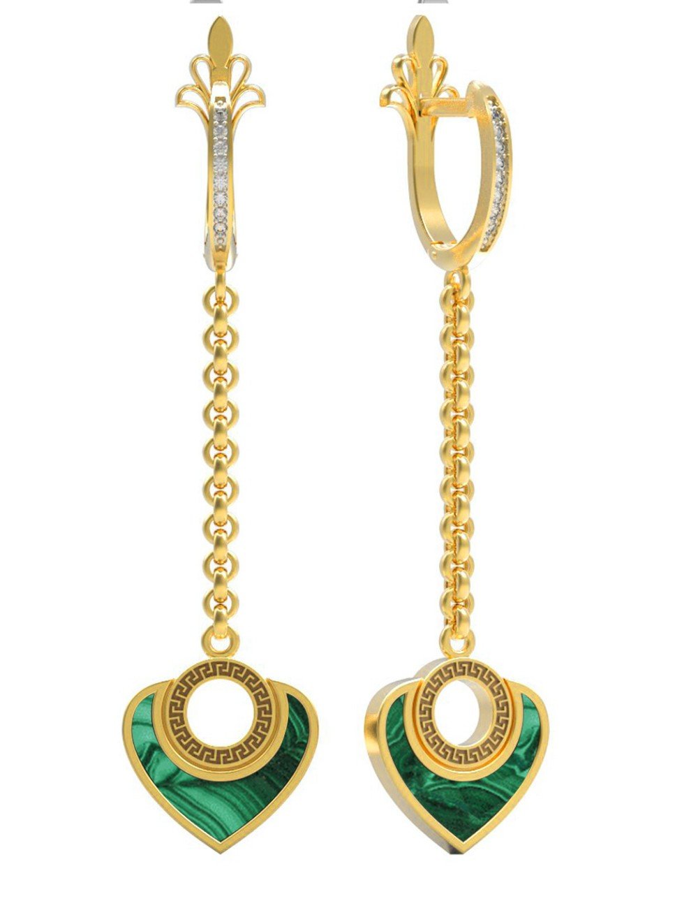 Серьги из лимонного золота c фианитом и малахитом