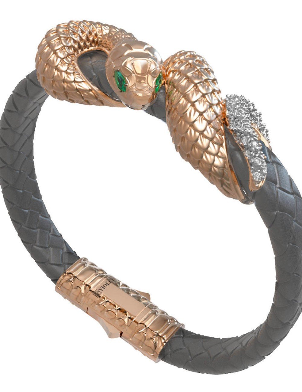 Браслет из золота c бриллиантами, изумрудом и кожаным шнурком