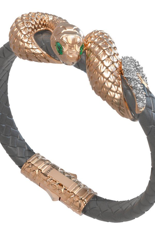 Браслет из золота c бриллиантами, изумрудом и кожаным шнурком