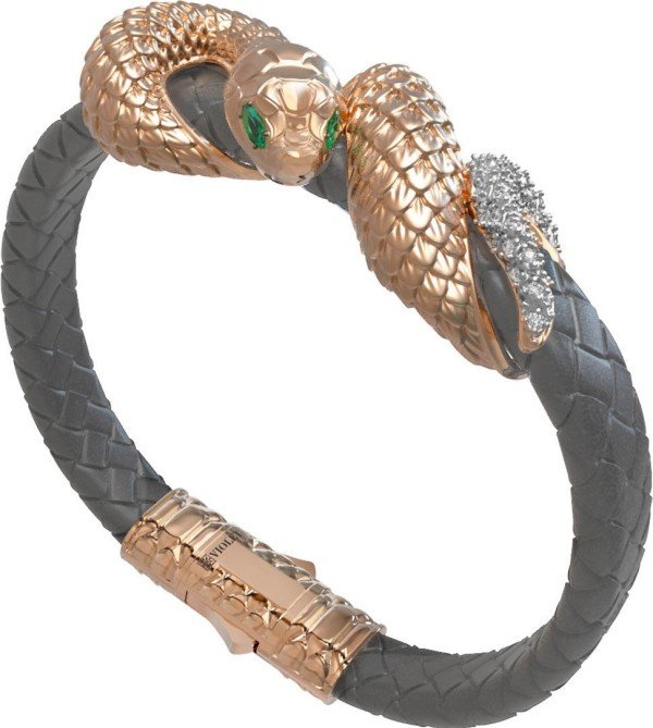 Браслет из золота c бриллиантами, изумрудом и кожаным шнурком