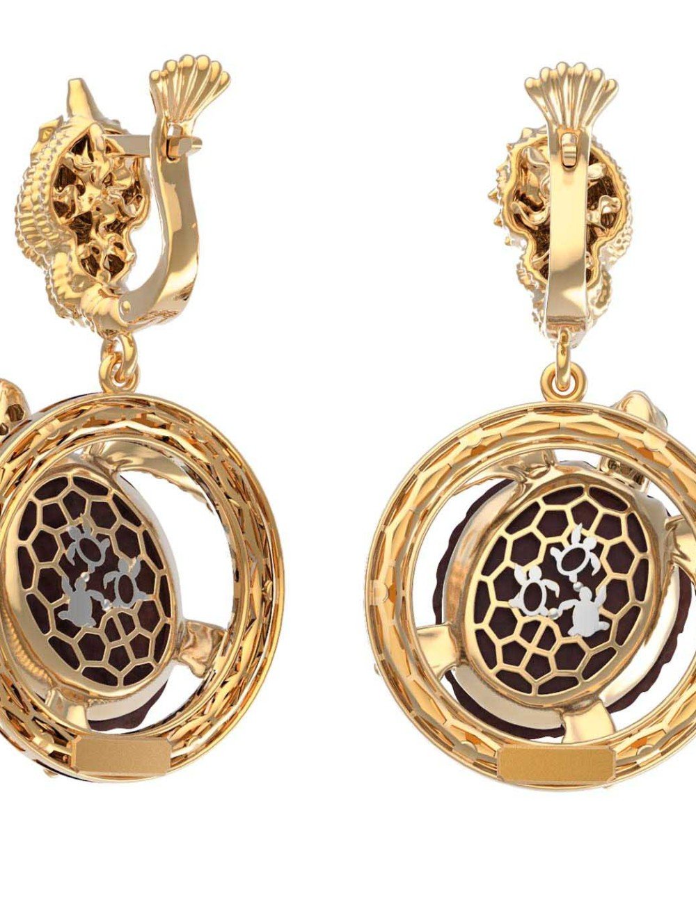 Серьги из золота c эмалью и железным деревом