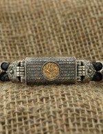 Браслет из серебра и золота c кожаным шнурком