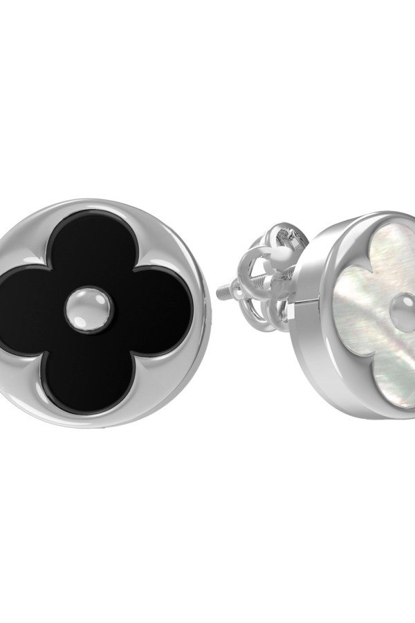 Серьги из белого золота c ониксом и перламутром