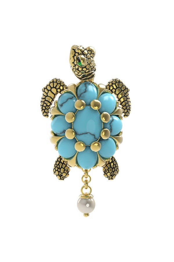 Подвеска из лимонного золота c эмалью, жемчугом и бирюзой