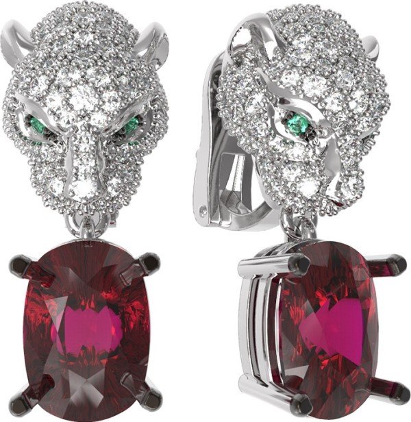 Серьги из белого золота c бриллиантами, рубином и изумрудом