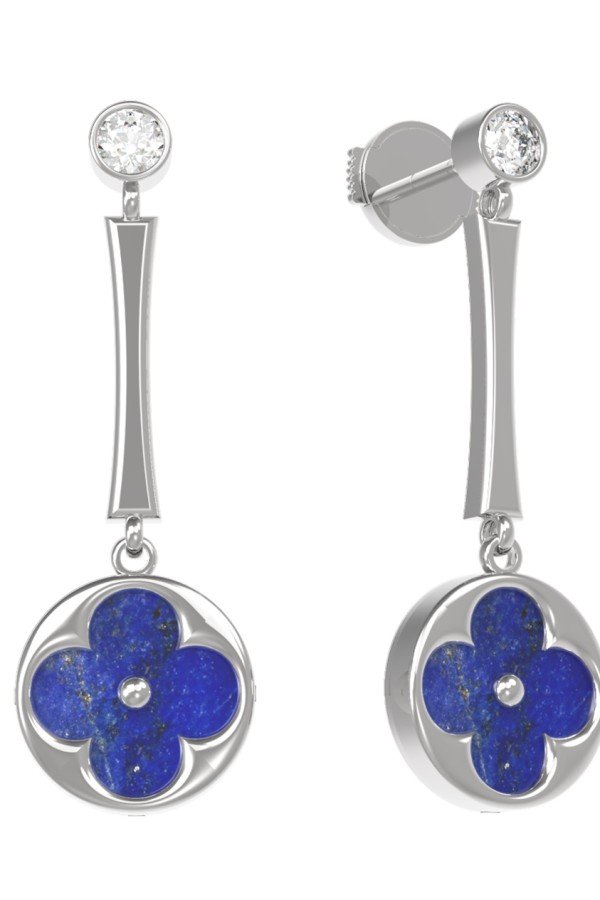 Серьги из белого золота c фианитом и лазуритом