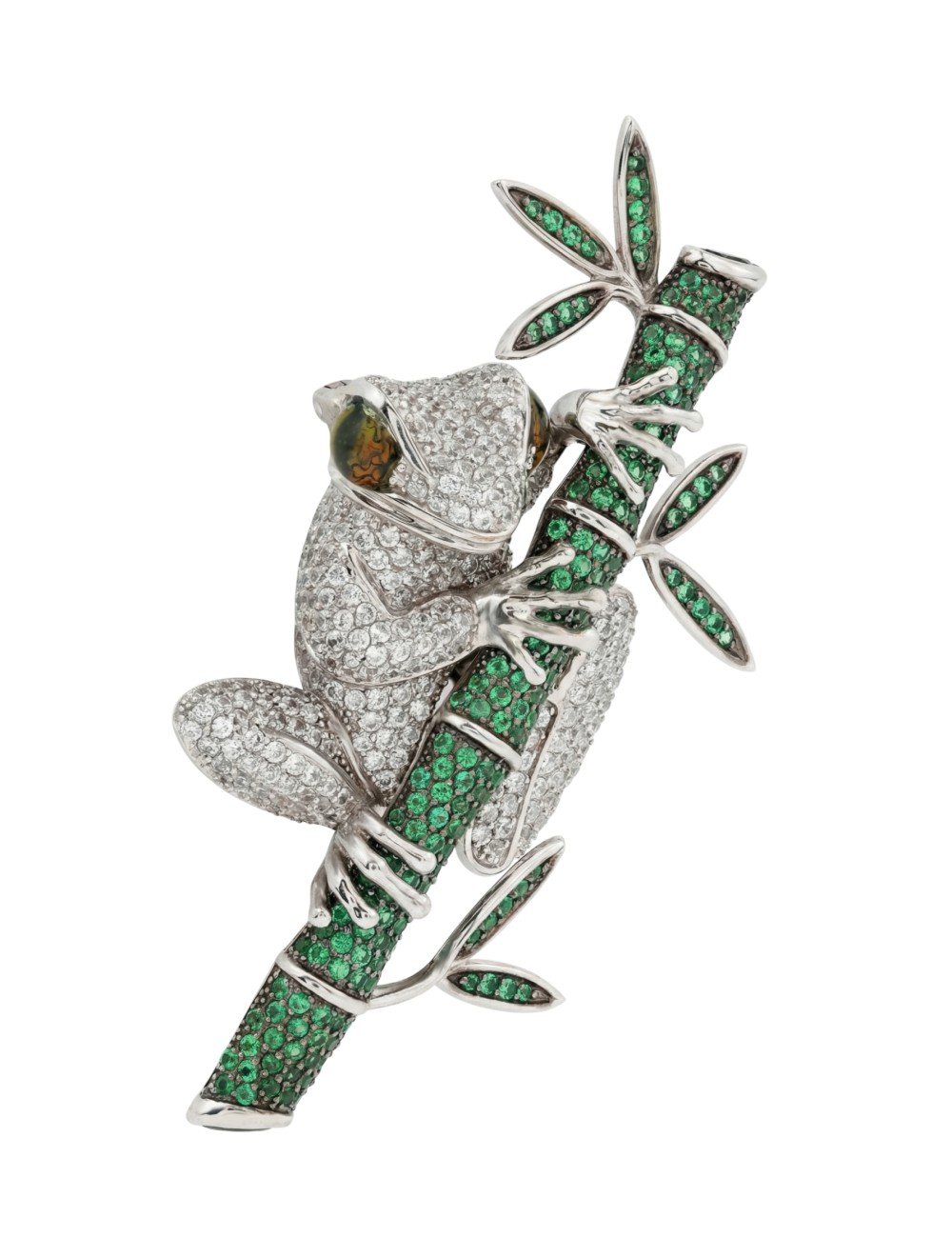 Брошь из белого золота c эмалью, фианитом и дымчатым кварцем