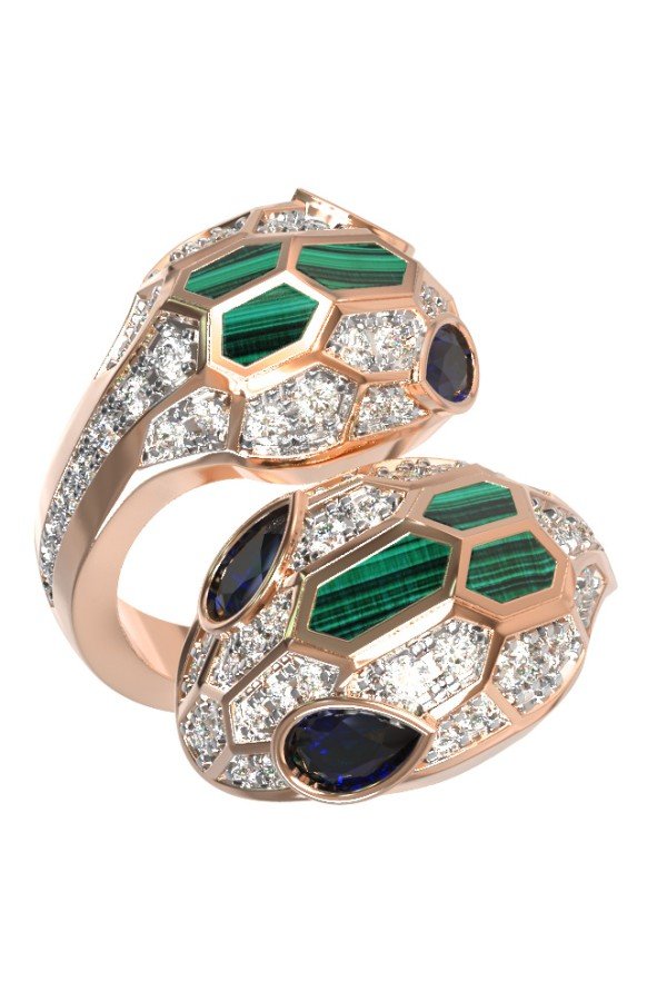 Кольцо из золота c бриллиантами, сапфиром и малахитом