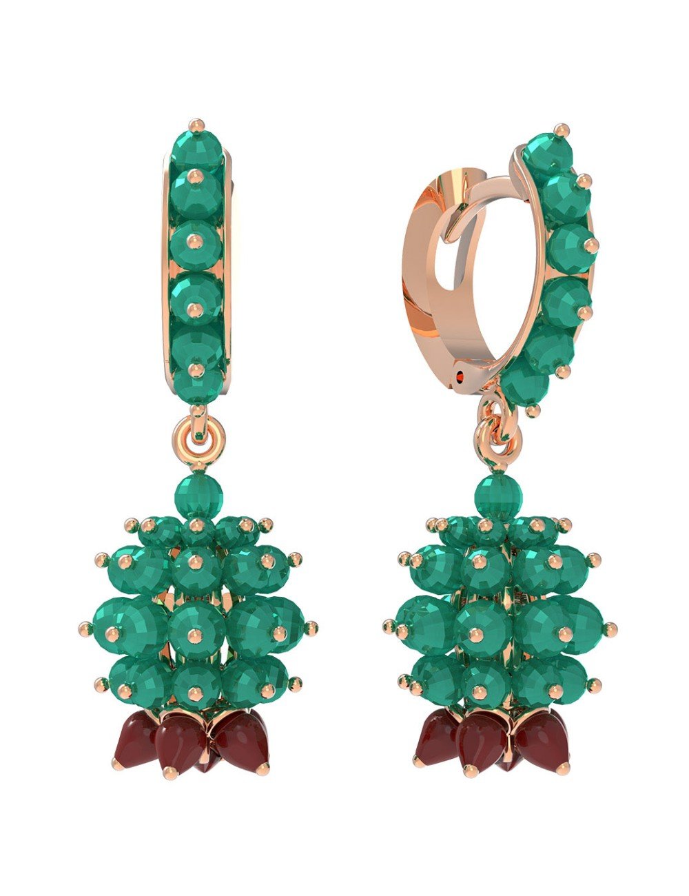 Серьги из золота c гранатом, хризопразом и кораллом