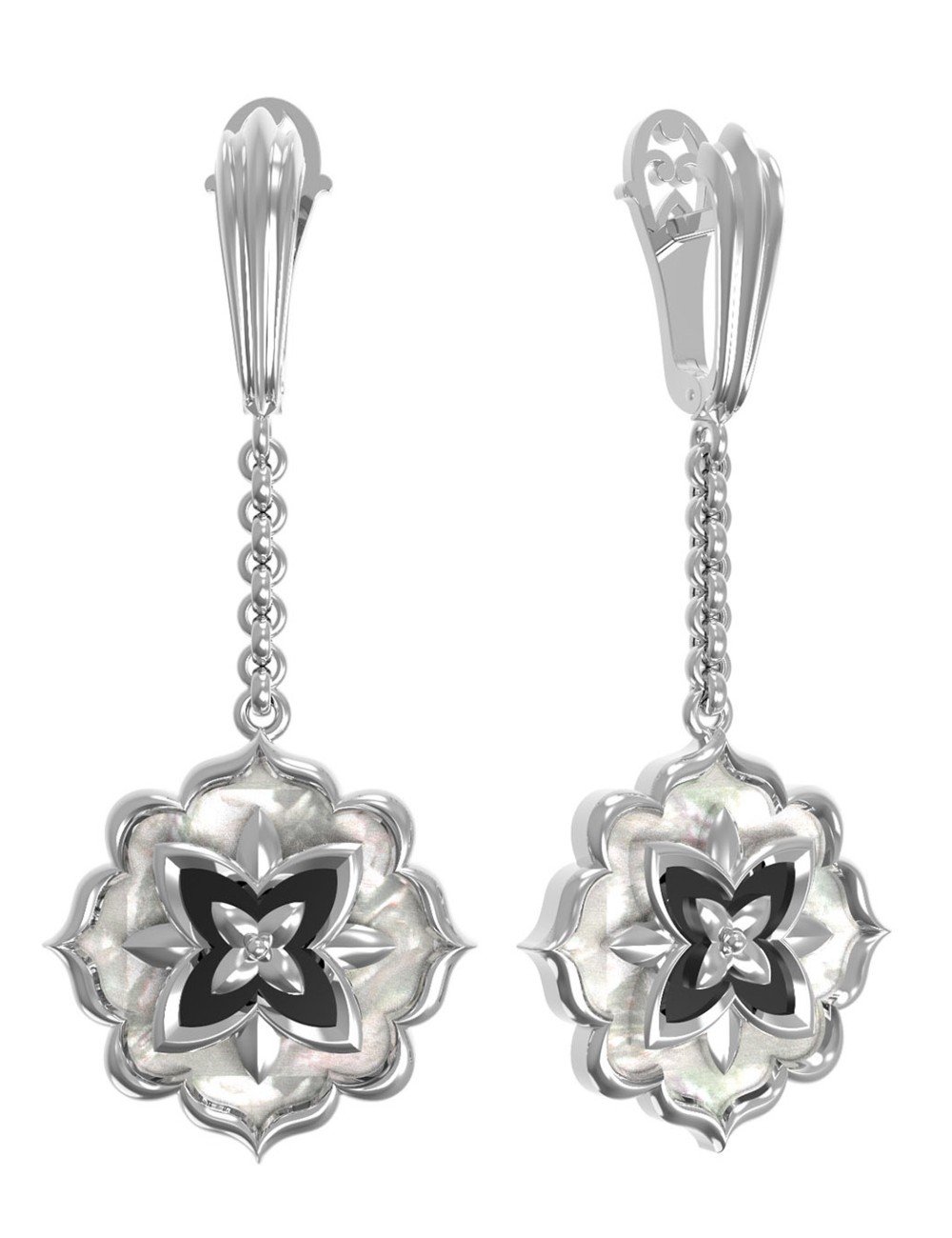 Серьги из белого золота c ониксом и перламутром