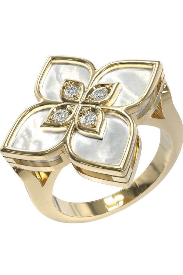 Кольцо из лимонного золота c бриллиантами и перламутром