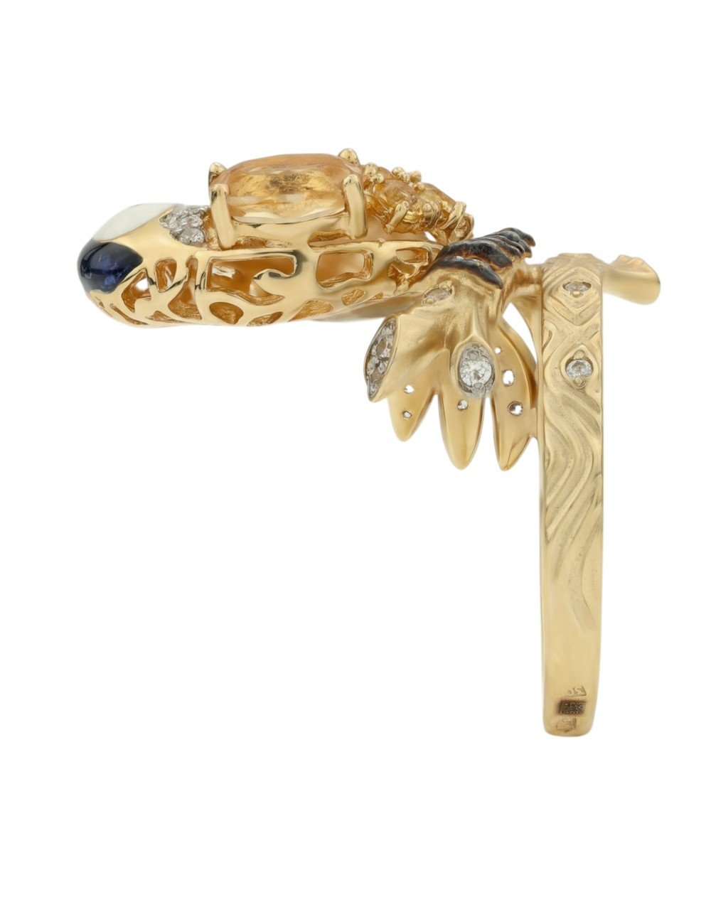 Кольцо из лимонного золота c эмалью, фианитом, цитрином и сапфиром