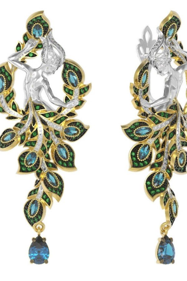 Серьги из лимонного золота c фианитом и топазом London Blue