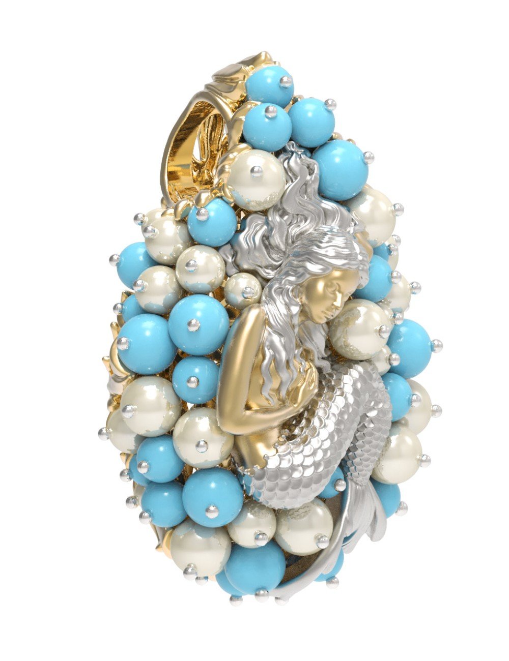 Подвеска из лимонного золота c жемчугом и бирюзой