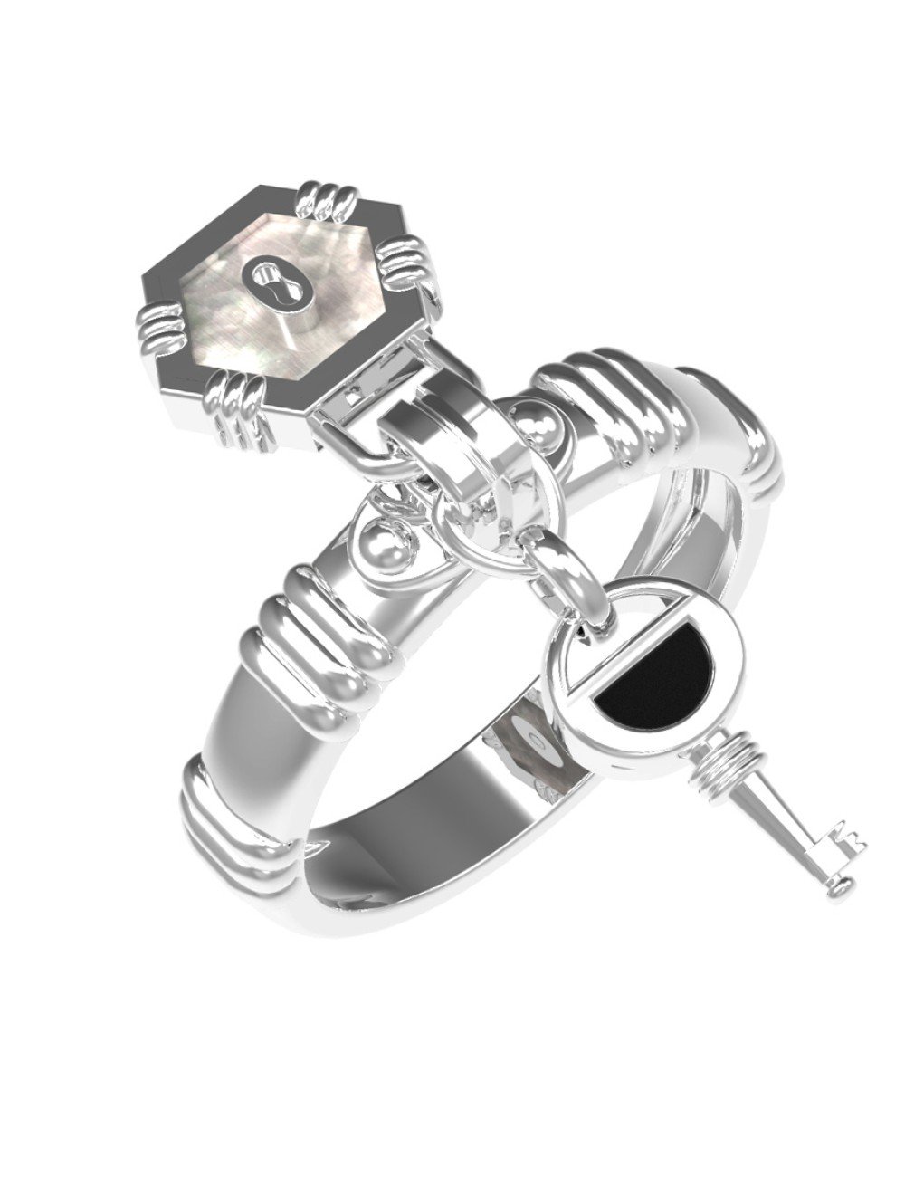 Кольцо из белого золота c ониксом и перламутром