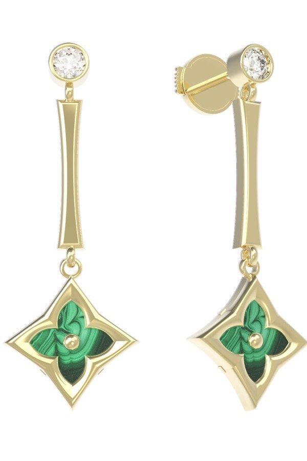 Серьги из лимонного золота c фианитом и малахитом