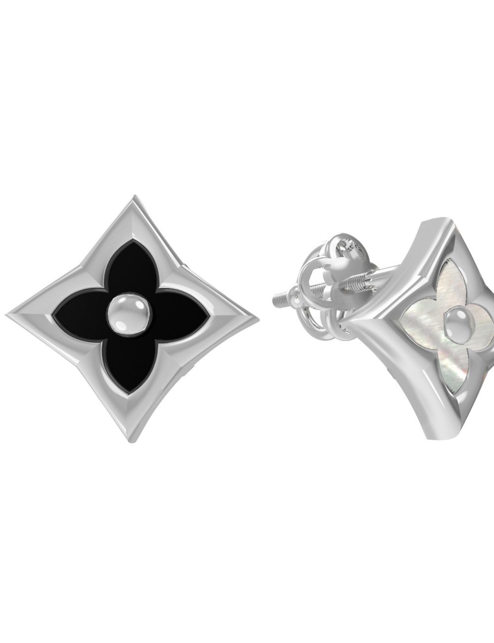 Серьги из белого золота c ониксом и перламутром