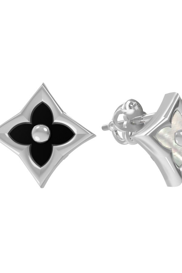 Серьги из белого золота c ониксом и перламутром