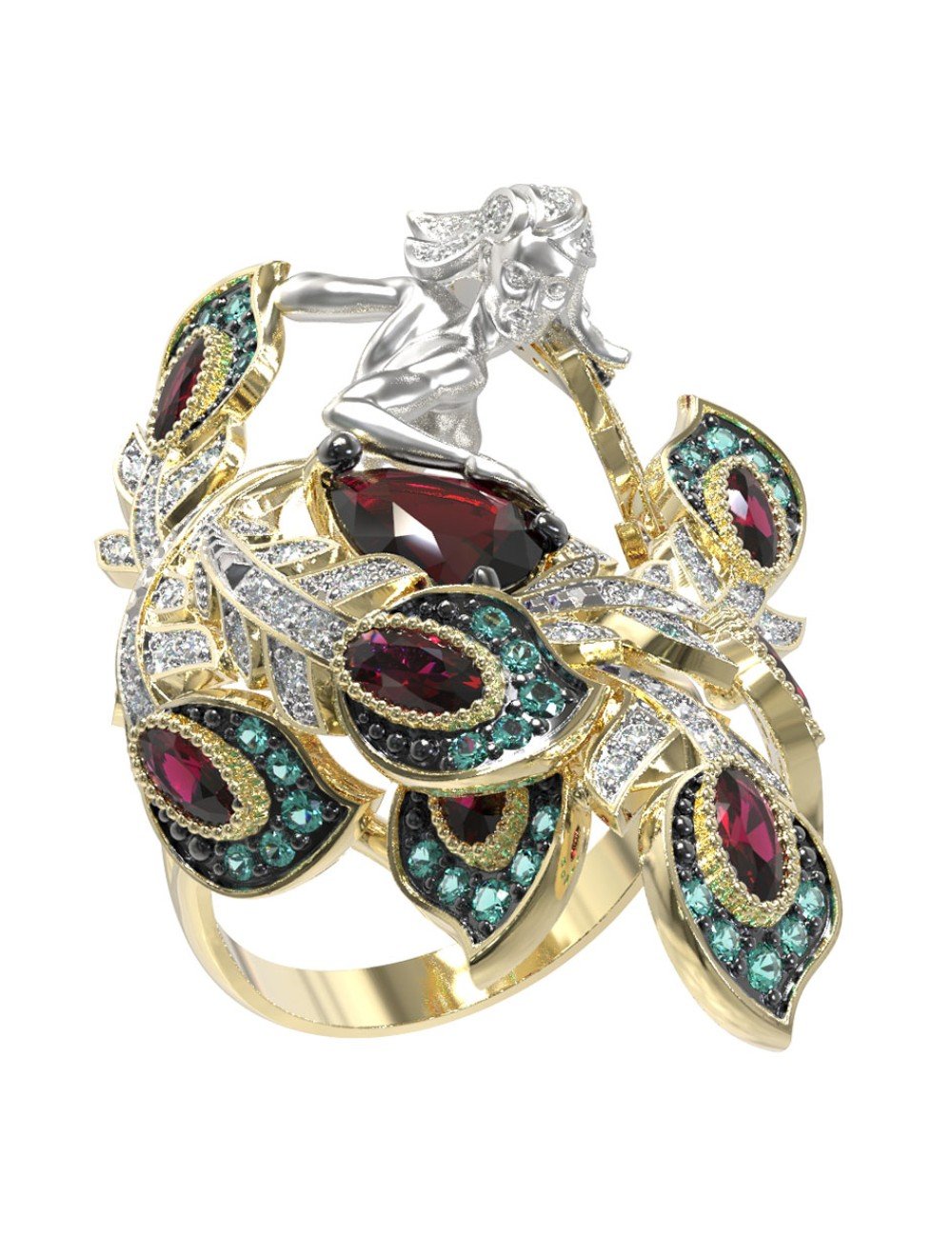 Кольцо из лимонного золота c фианитом и гранатом