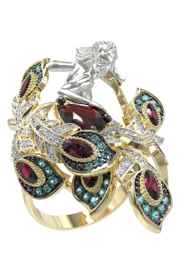 Кольцо из лимонного золота c фианитом и гранатом