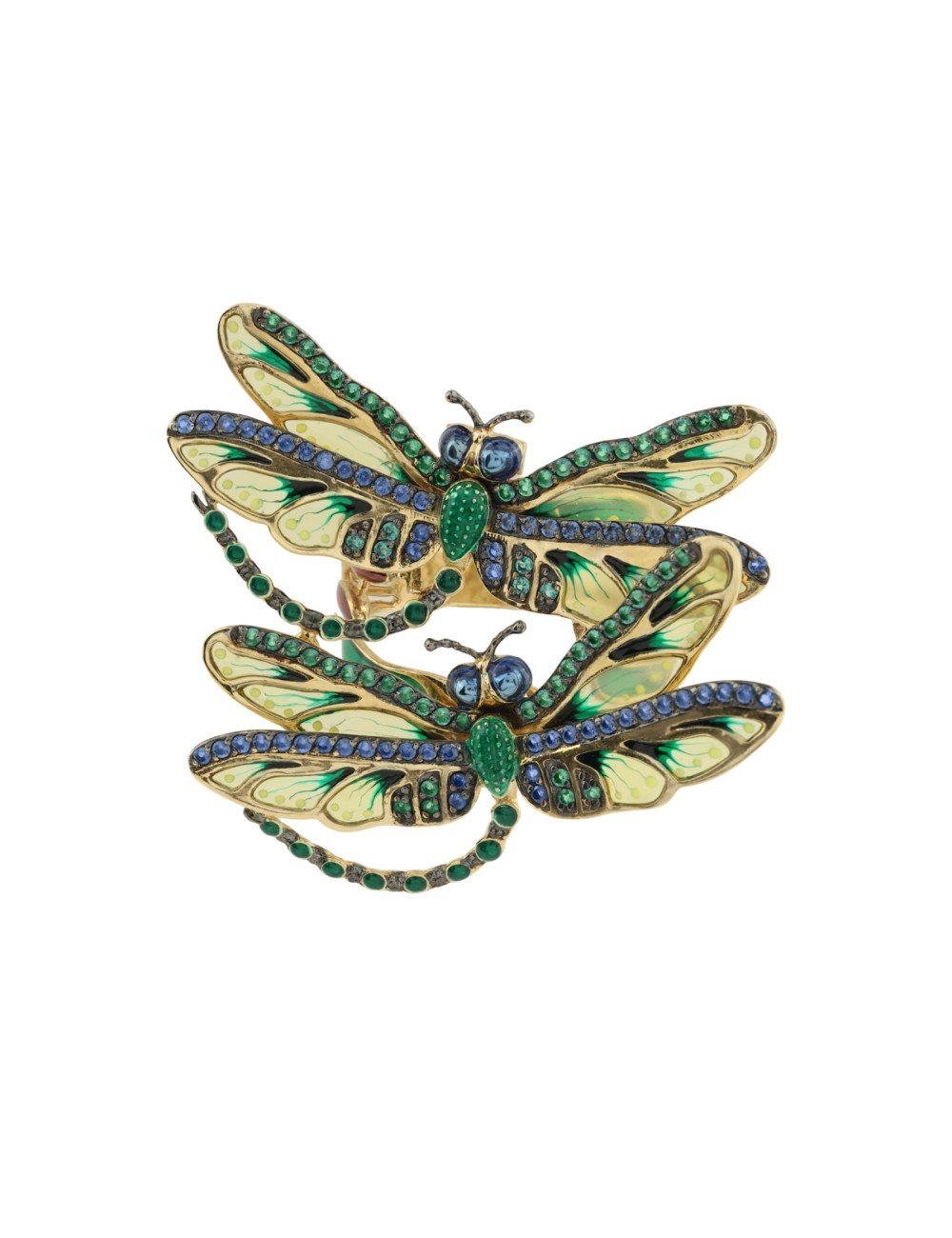 Кольцо из лимонного золота c сапфиром, изумрудом и эмалью