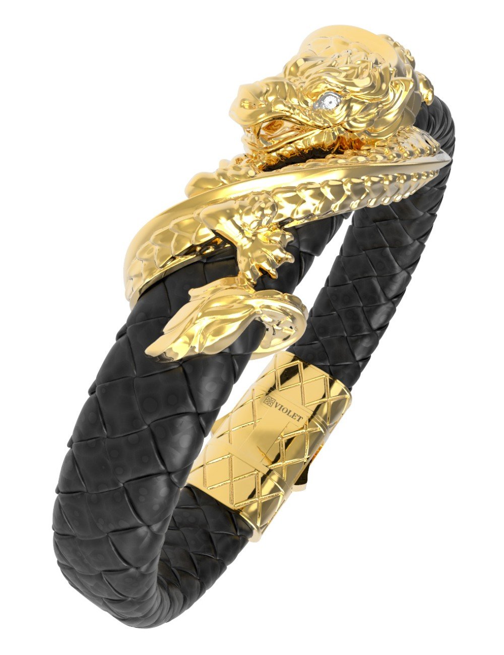 Браслет из лимонного золота c бриллиантами и кожаным шнурком