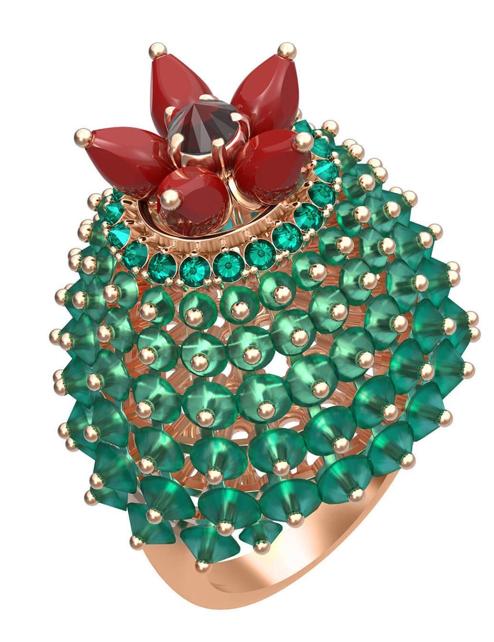 Кольцо из золота c гранатом, хризопразом, изумрудом и кораллом