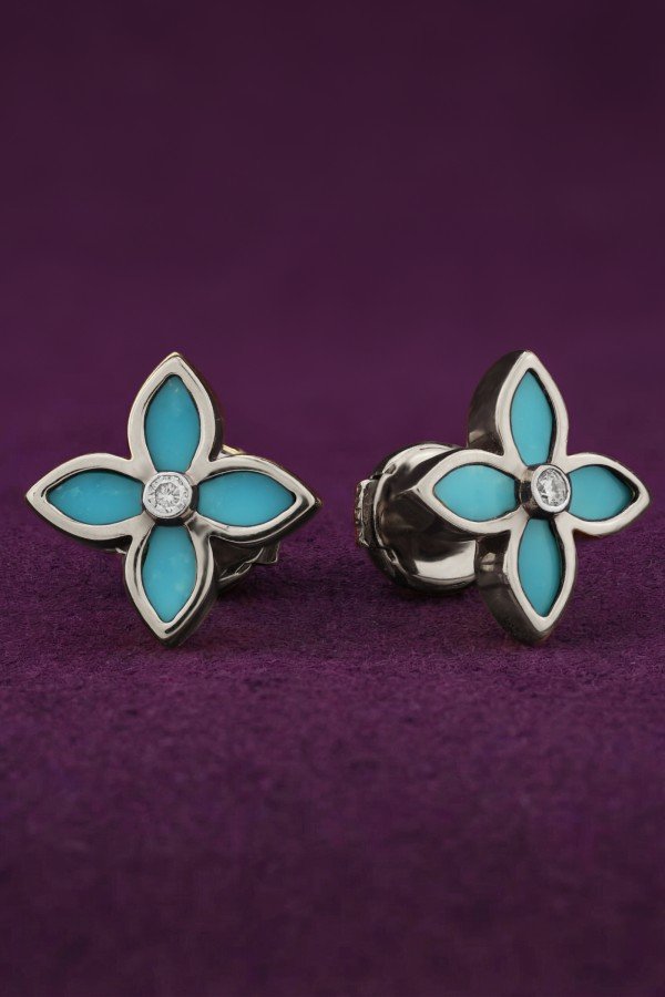 Серьги из белого золота c бриллиантами и бирюзой