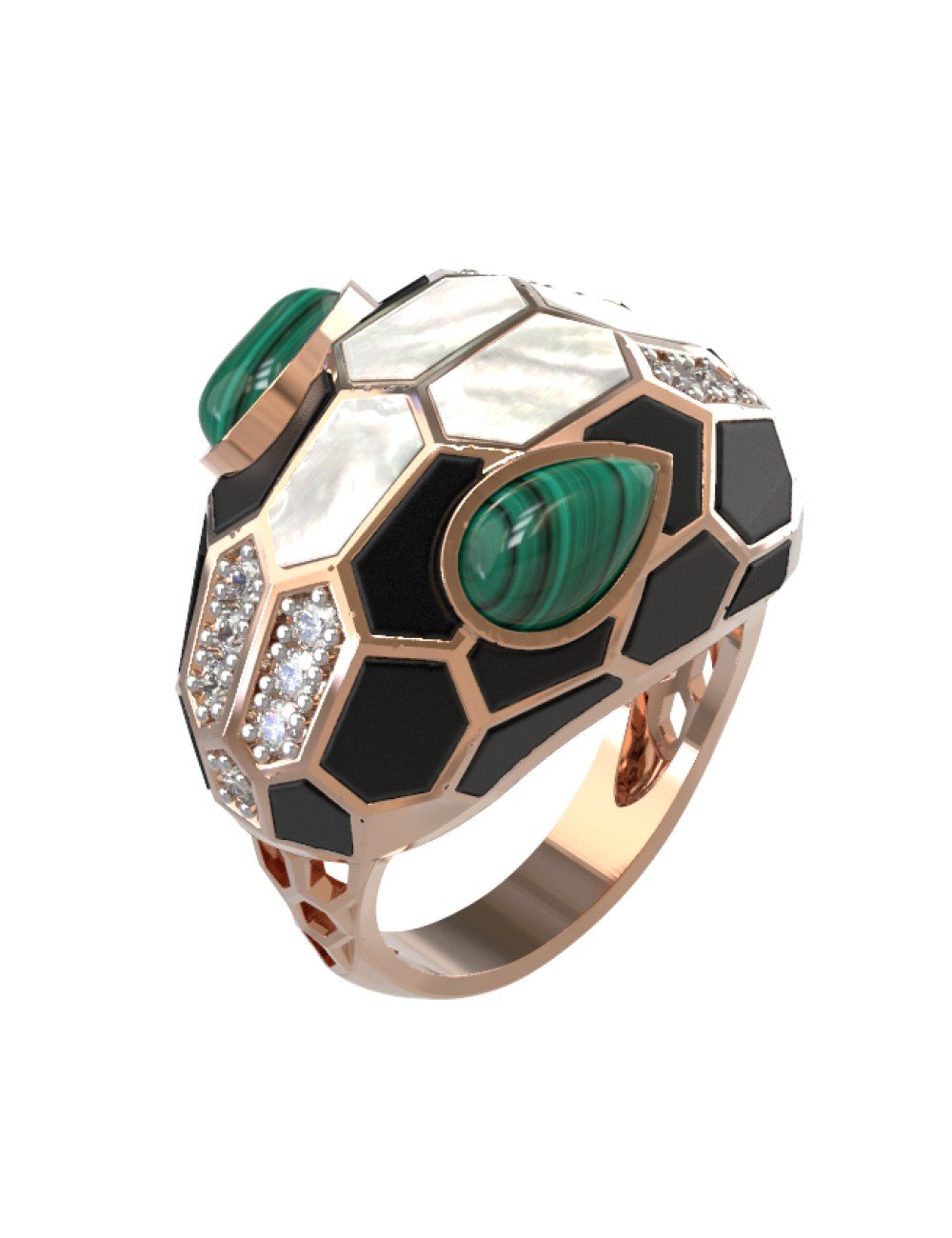 Кольцо из золота c бриллиантами, рубином, ониксом, малахитом и перламутром