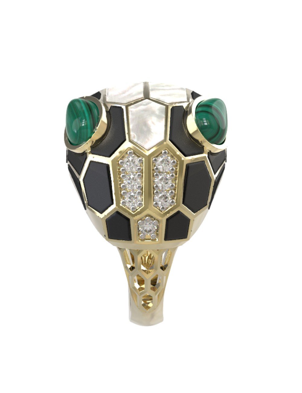 Кольцо из лимонного золота c бриллиантами, рубином, ониксом, малахитом и перламутром