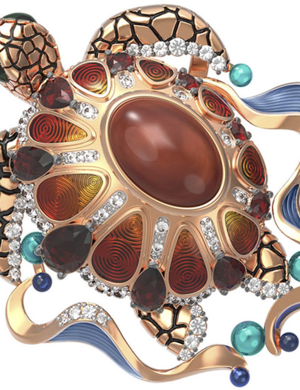 Подвеска из золота c эмалью, фианитом, гранатом и янтарём