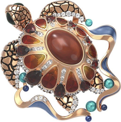 Подвеска из золота c эмалью, фианитом, гранатом и янтарём