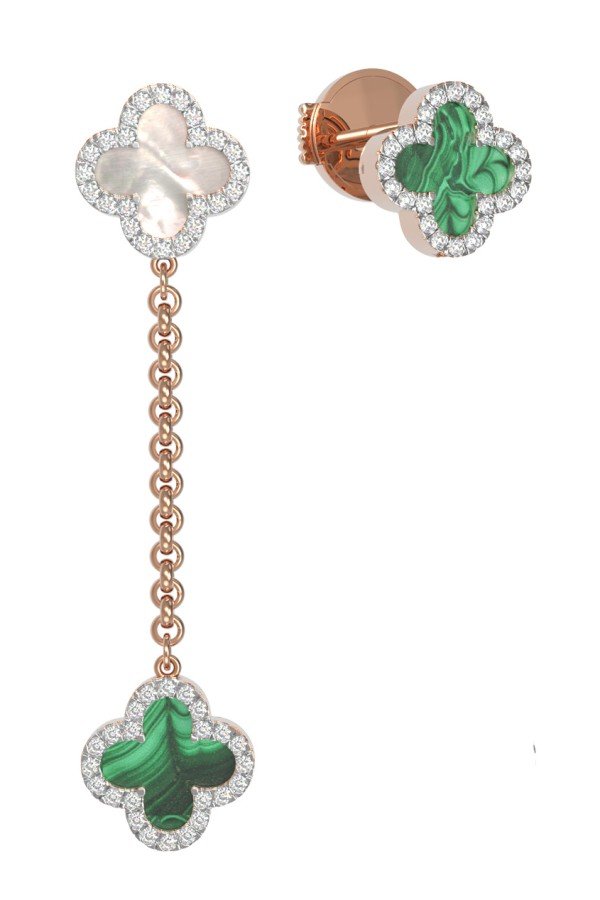 Серьги из золота c бриллиантами, малахитом и перламутром