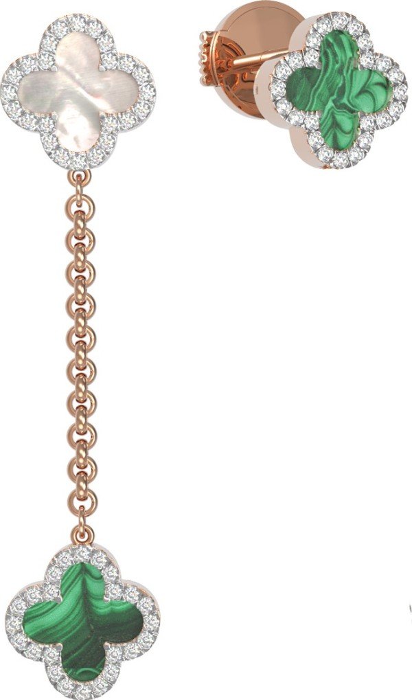 Серьги из золота c бриллиантами, малахитом и перламутром